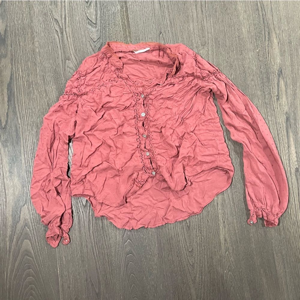 Free People Rose Pink Rayon Button Front Blouse Swiss Dot Size S